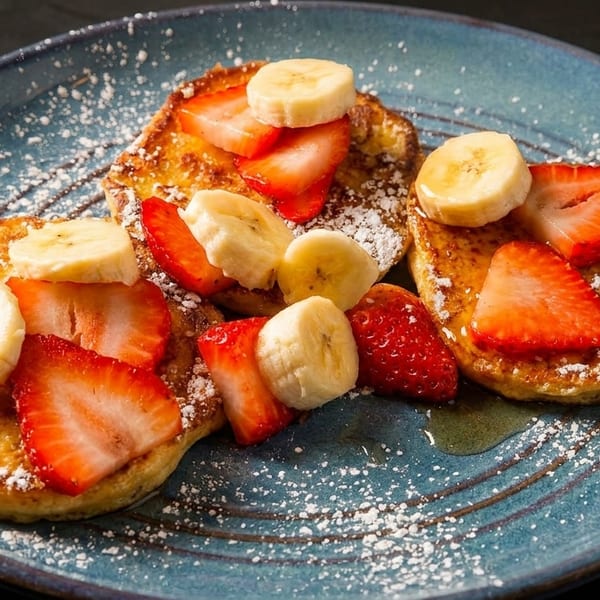 Three golden pancakes topped with sliced strawberries, bananas, powdered sugar, and syrup on a blue plate.