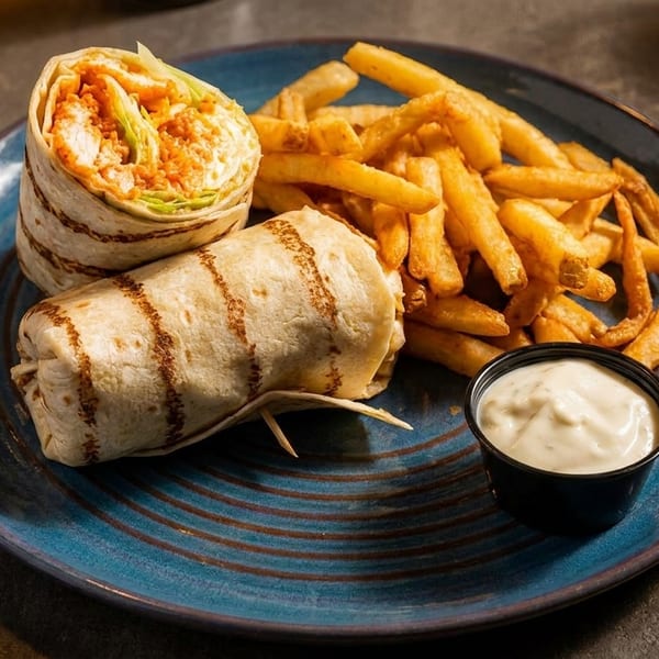 Two grilled chicken wraps with lettuce and buffalo sauce, served with fries and ranch dip.