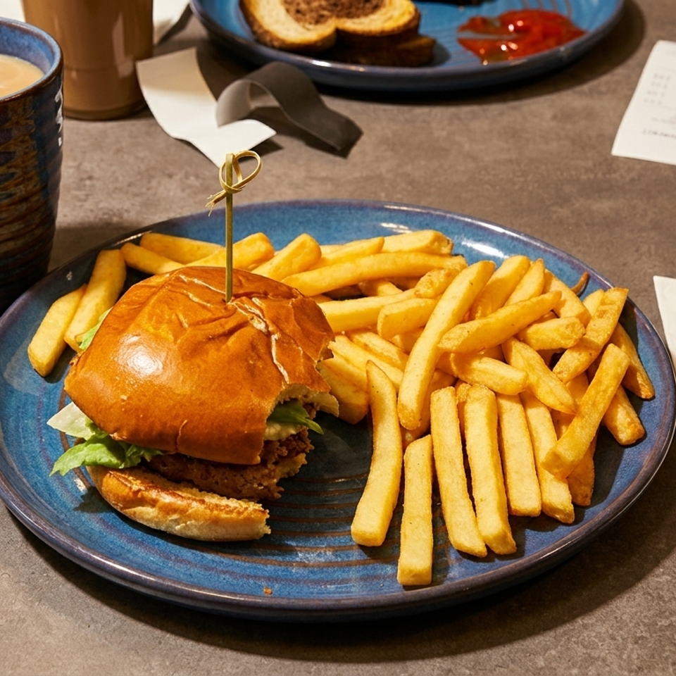 A partially eaten burger and fries on a blue plate, with a coffee mug and drink nearby.