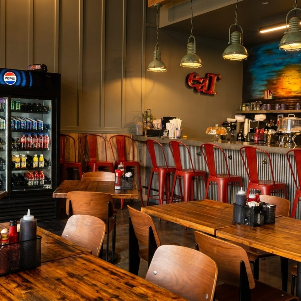 Rustic restaurant interior with wooden tables, red metal chairs, a Pepsi cooler, and a bar with stools.